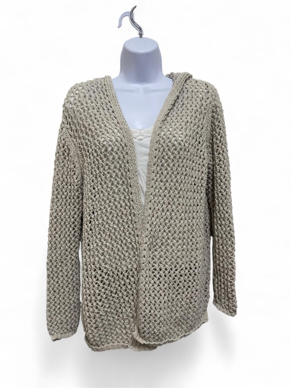 Open-Weave Hooded Cardigan Sweater - Cream